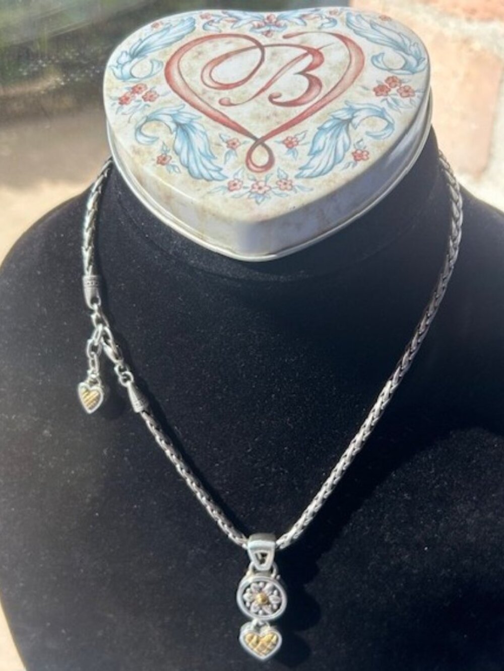 BRIGHTON Heart and Flower Two Tone Silver Reversible Pendant Necklace